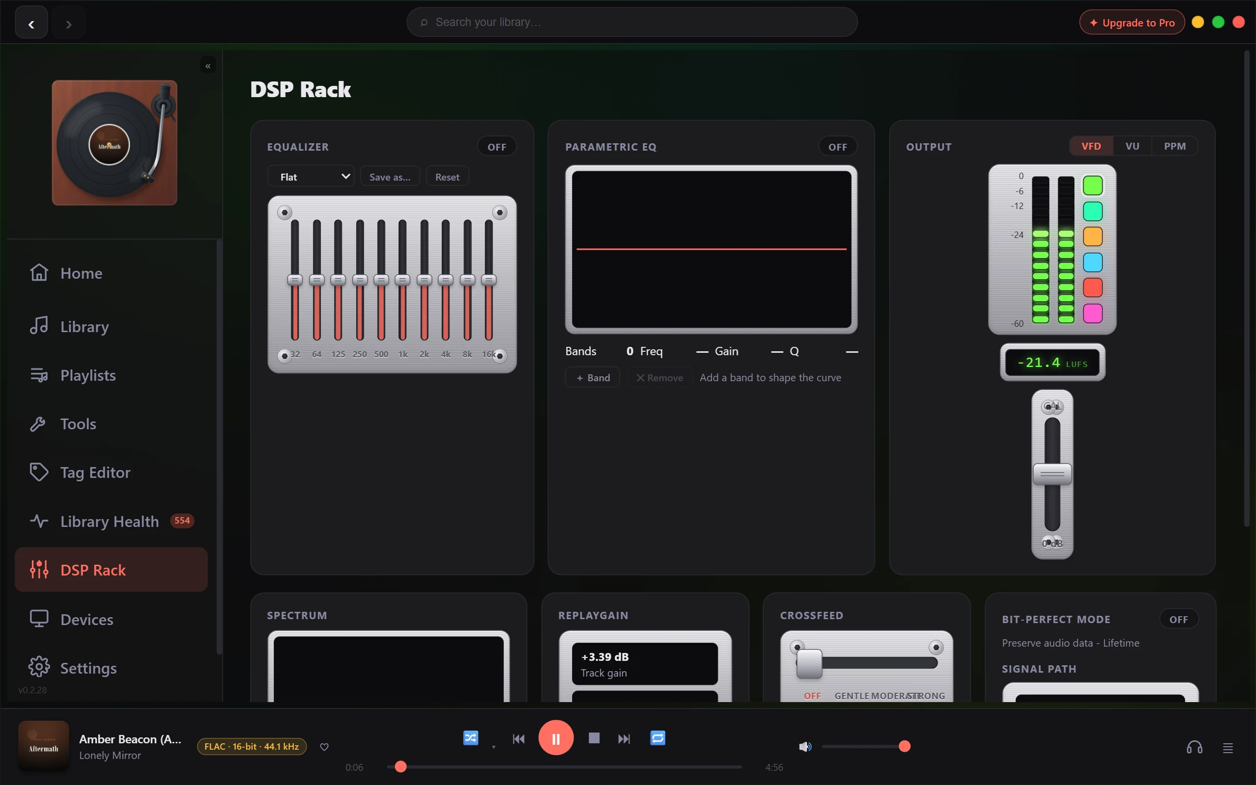 The DSP Rack showing the ten-band graphic equalizer with its sliders, alongside the preset controls.