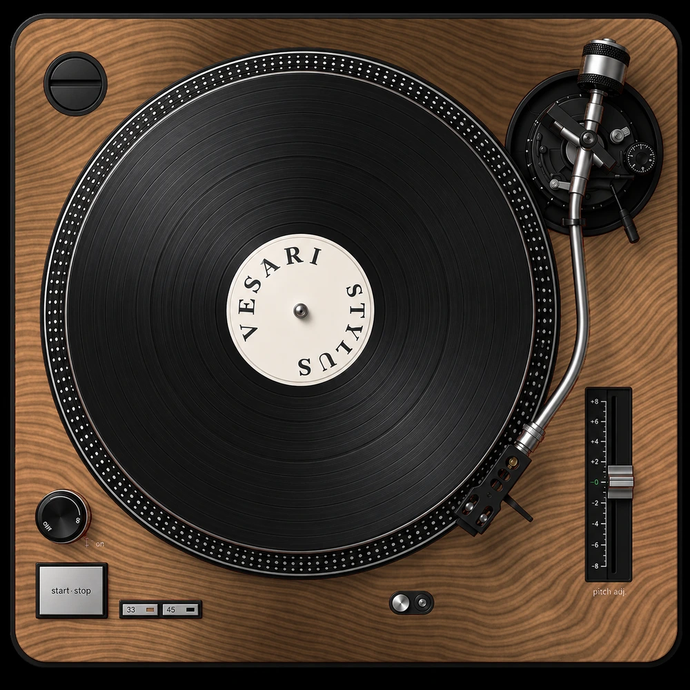 The Vesari Stylus turntable: a walnut hi-fi turntable with a vinyl record, S-tonearm and pitch fader, viewed from above