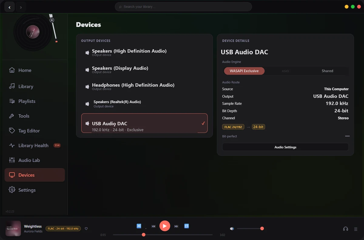 Devices screen selecting an external DAC on the WASAPI Exclusive engine at 24-bit / 192 kHz