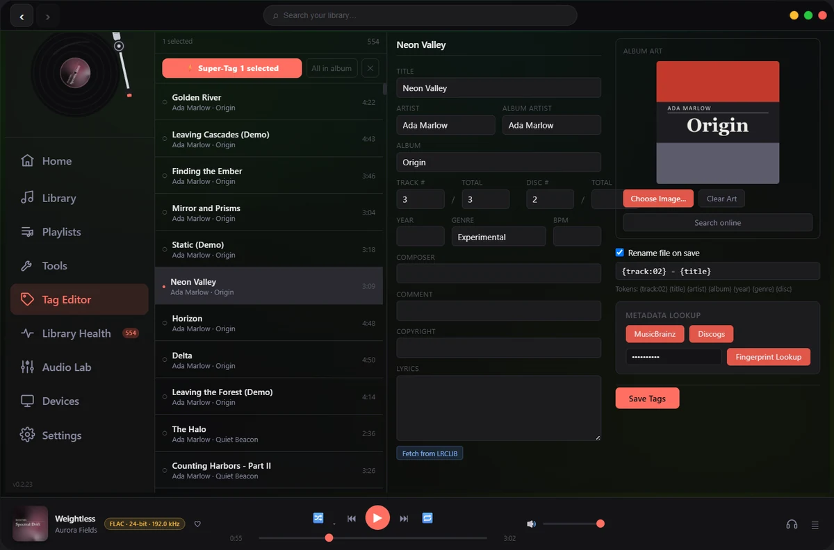 Tag Editor editing track metadata and album artwork with online metadata lookup