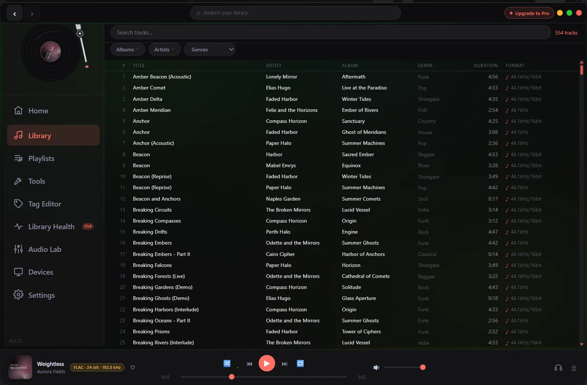 Track list view showing hundreds of tracks with sortable columns for title, artist, album and format